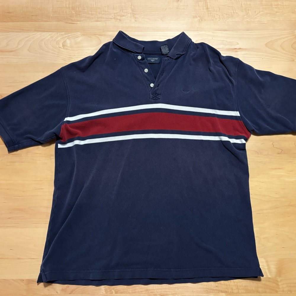 Vintage Navy Blue and Red Men's Polo Shirt